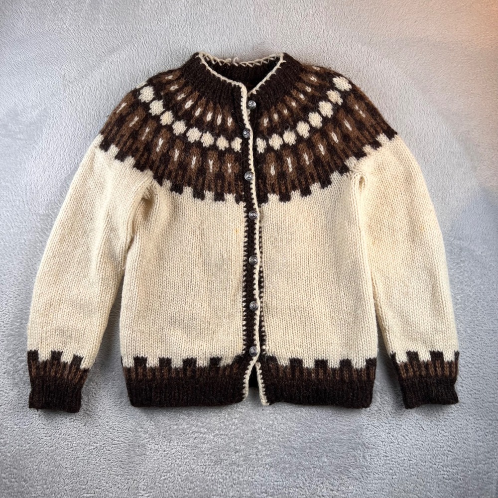 Vintage Hand Knit Wool Nordic Fair Isle Cardigan Brown Cream Silver Button M L